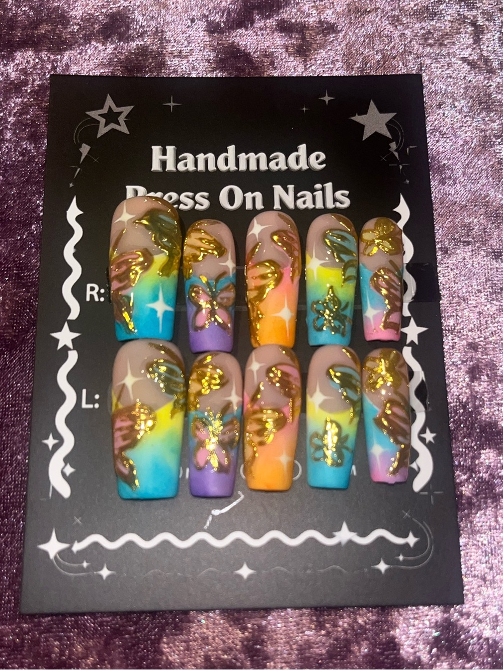 Handmade Press On Nails - Multicolor Butterflies